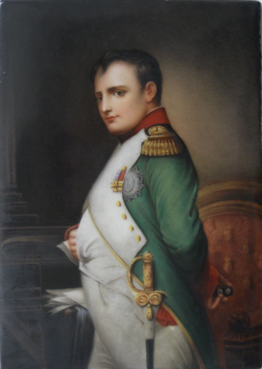 A paper label names ‘Napoleon’ as the subject of this German porcelain plaque, which measures 7 1/4 inches by 5 inches. The plaque carries a $600-$900 estimate. Image courtesy of Rachel Davis Fine Arts.